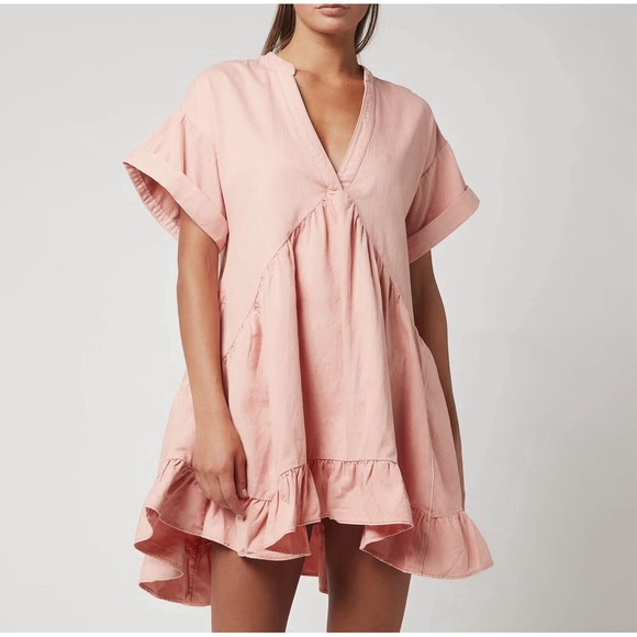Free People Women's Small Peach Agnes Denim Dress Pleated Tier Small - Picture 2 of 6